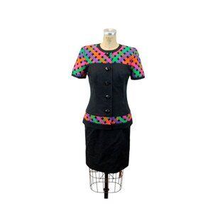 1980s suit skirt suit black multicolored fitted suit neon Size S/M David Warren